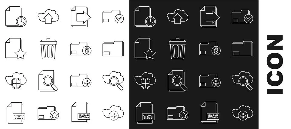Set line Add cloud, Search computing, Document folder, Next page arrow, Tra.. Illustrazione stock
