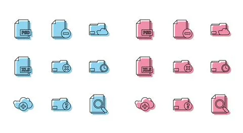 Set line Add cloud, Unknown document folder, PSD file, Document with search Stock Illustration