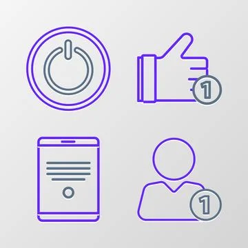 Set line Add to friend, Tablet, Hand like and Power button icon. Vector 스톡 일러스트