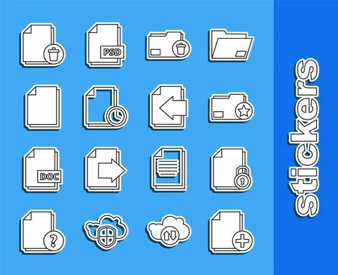 Set line Add new file, Document and lock, folder with star, Delete, clock Illustrazione stock