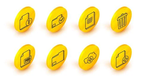 Set line Add new file, cloud, Document folder, PSD document, Trash can, and Illustrazione stock
