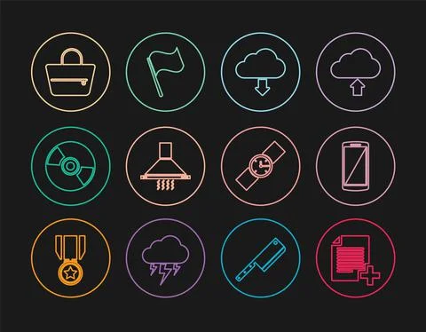 Set line Add new file, Smartphone, mobile phone, Cloud download, Kitchen Stock Illustration