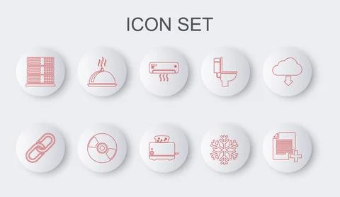Set line Add new file, Chain link, Air conditioner, Snowflake, Server, Data.. Stock Illustration