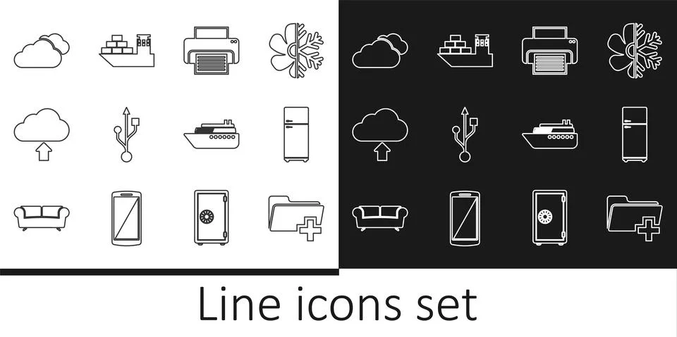 Set line Add new folder, Refrigerator, Printer, USB, Cloud upload, Ship and Stock Illustration