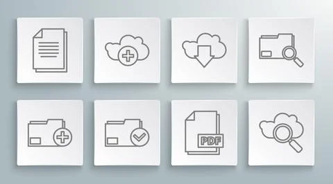 Set line Add new folder, cloud, Document and check mark, PDF file document, S 스톡 일러스트