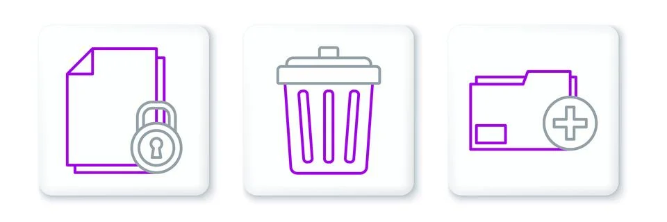Set line Add new folder, Document and lock and Trash can icon. Vector Illustrazione stock