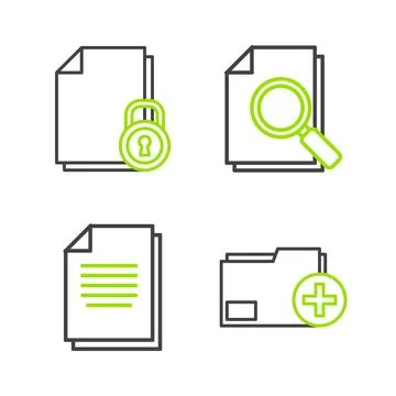 Set line Add new folder, Document, with search and and lock icon. Vector Stock Illustration