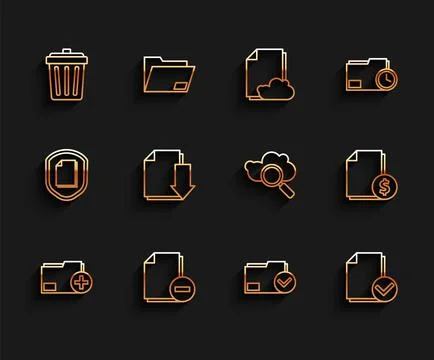 Set line Add new folder, Document with minus, Trash can, and check mark, do.. Ilustración de archivo
