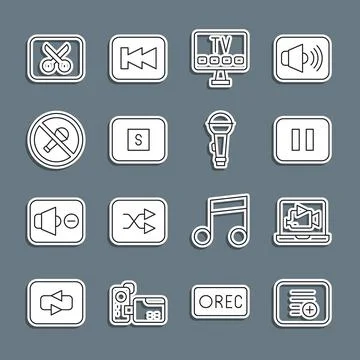 Set line Add to playlist, Online video, Pause button, Smart Tv, Stop media, Mute Stock Illustration