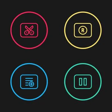 Set line Add to playlist, Pause button, Record and Music video editing icon Stock Illustration