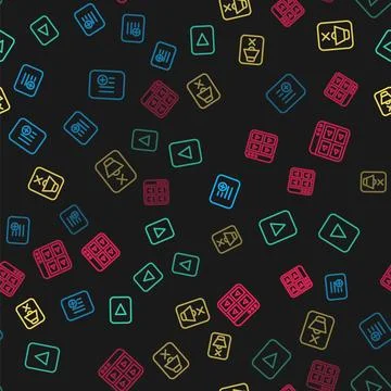 Set line Add to playlist, Play button, Speaker mute and Music on seamless p.. Stock Illustration