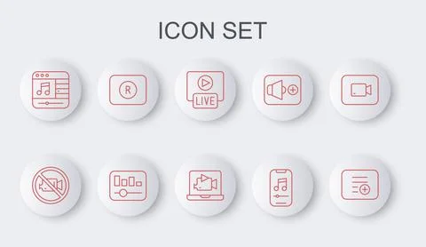 Set line Add to playlist, Prohibition no video recording, Live stream, Music Stock Illustration