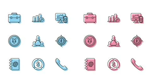 Set line Address book, Briefcase, Telephone handset, Project team base, Target Stock Illustration