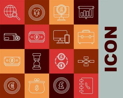 Set line Address book, Briefcase, Computer monitor with pound sterling symbol イラスト素材