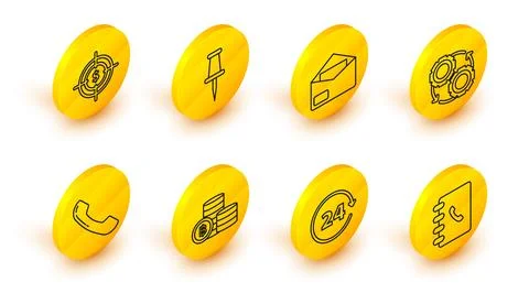 Set line Address book, Clock 24 hours, Cryptocurrency coin Bitcoin, Telepho.. Illustrazione stock