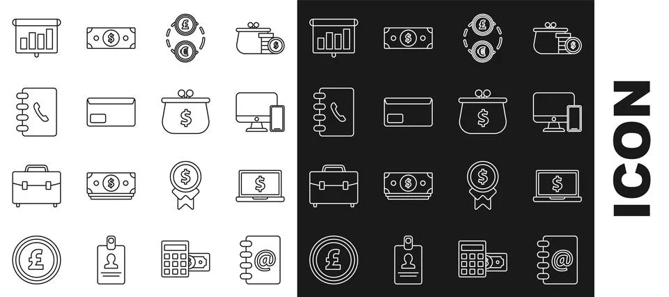 Set line Address book, Computer monitor and mobile phone, Money exchange イラスト素材