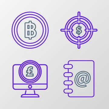 Set line Address book, Computer monitor with pound sterling symbol, Target Stock-Illustration
