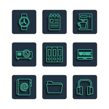 Set line Address book, Document folder, Headphones, Coffee machine, Office .. Stock Illustration
