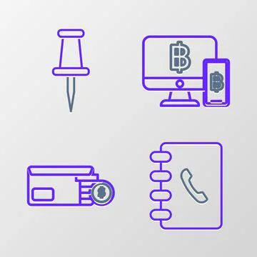 Set line Address book, Envelope with coin dollar symbol, Computer monitor mob Stock-Illustration