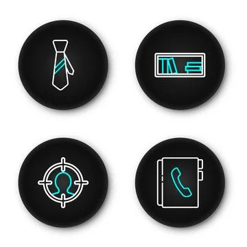 Set line Address book, Head hunting concept, Shelf with books and Tie icon... Illustrazione stock