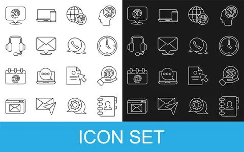 Set line Address book, Mail and e-mail in hand, Clock, Earth globe with Stock Illustration