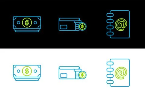 Set line Address book, Stacks paper money cash and Envelope with coin dolla.. Stock Illustration