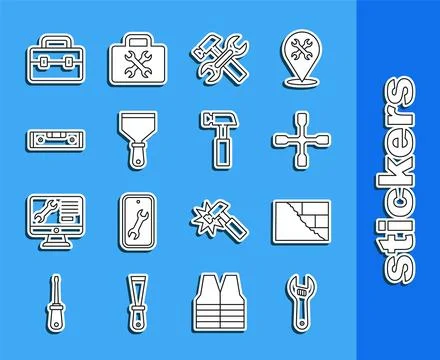 Set line Adjustable wrench, Bricks, Wheel, Hammer and, Putty knife, Constru.. Ilustración de archivo