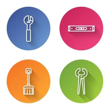 Set line Adjustable wrench, Construction bubble level, Snow shovel and Pincers Stock Illustration