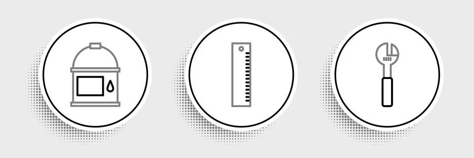 Set line Adjustable wrench, Paint bucket and Ruler icon. Vector Stock Illustration