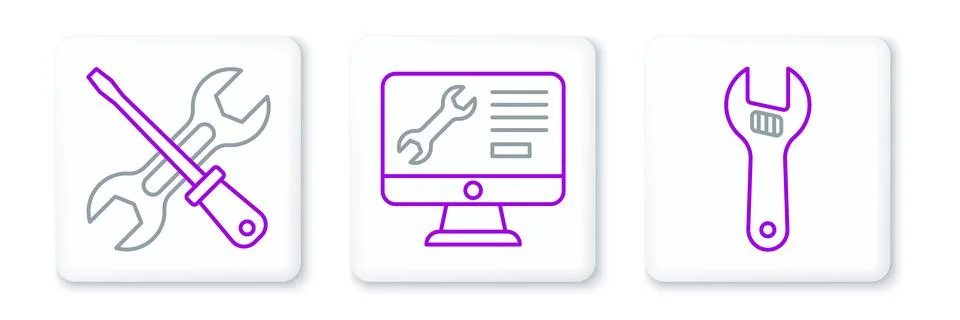Set line Adjustable wrench, Screwdriver and and Computer monitor service icon Stock Illustration