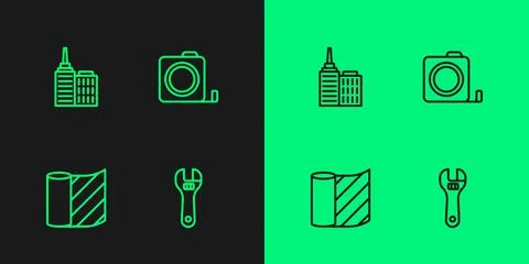 Set line Adjustable wrench, Wallpaper, City landscape and Roulette constructi Stock Illustration