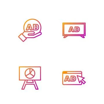 Set line Advertising, Board with graph chart, and . Gradient color icons. Vector Stock-Illustration