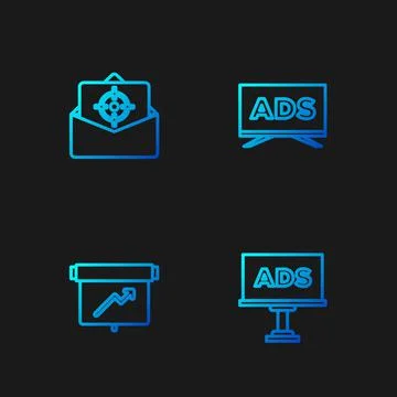 Set line Advertising, Board with graph chart, Mail and e-mail and . Gradient 스톡 일러스트