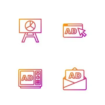 Set line Advertising, , Board with graph chart and . Gradient color icons. .. Stock Illustration
