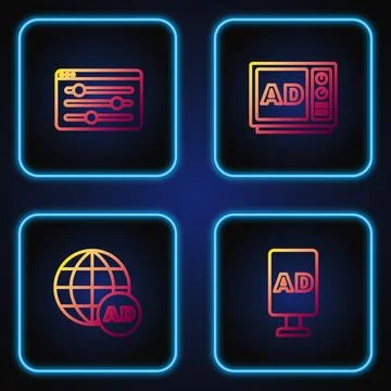 Set line Advertising, , Browser setting and . Gradient color icons. Vector Illustrazione stock
