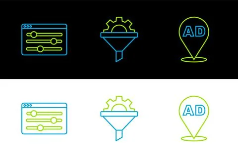 Set line Advertising, Browser setting and Sales funnel with gear icon. Vector Stock Illustration