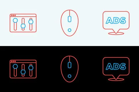 Set line Advertising, Browser setting and Computer mouse icon. Vector Illustrazione stock