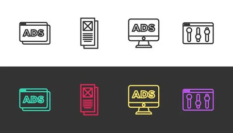 Set line Advertising, Browser window, and setting on black and white. Vector Stock Illustration