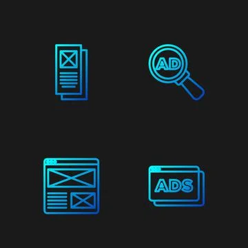 Set line Advertising, Browser window, and . Gradient color icons. Vector Stockillustratie