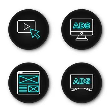 Set line Advertising, Browser window,  and  icon. Vector Stock Illustration
