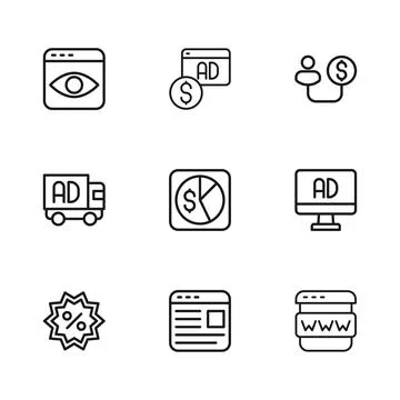 Set line Advertising, Browser window, Market analysis, Human and money, Per.. Stock Illustration