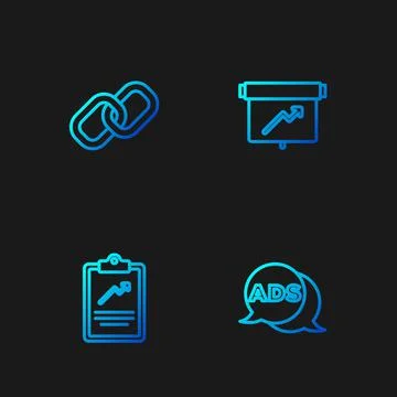 Set line Advertising, Clipboard with graph chart, Chain link and Board. Gradient 스톡 일러스트