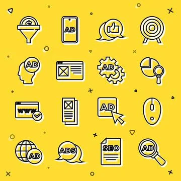 Set line Advertising, Computer mouse, Magnifying glass and analysis, Customer Stock Illustration