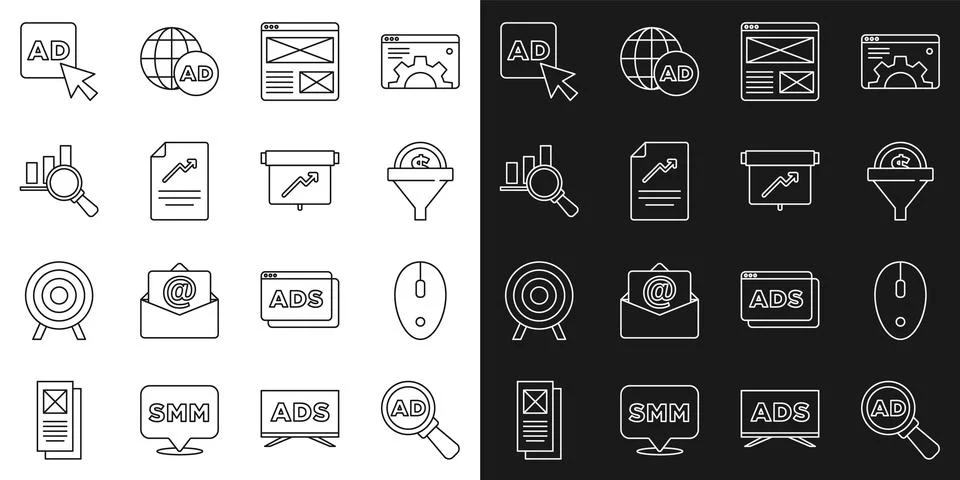 Set line Advertising, Computer mouse, Lead management, Browser window, Document Illustrazione stock