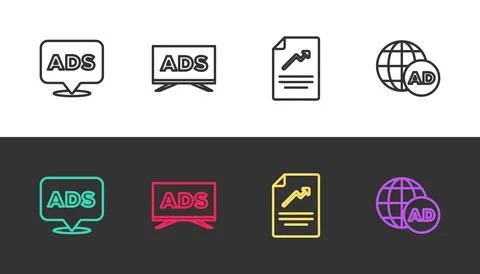 Set line Advertising, , Document with graph chart and on black and white. Vector Stock Illustration