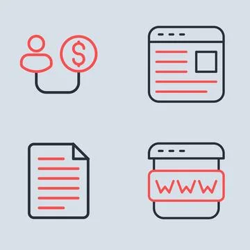 Set line Advertising, File document, Browser window and Human and money ico.. Stock Illustration