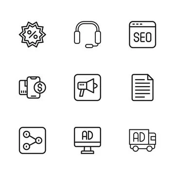 Set line Advertising, File document, on truck, Megaphone, SEO optimization,.. Stock Illustration