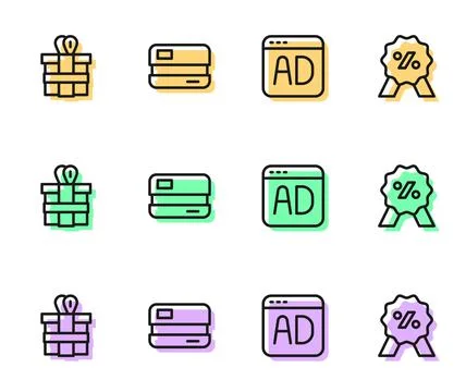 Set line Advertising, Gift box, Credit card and Discount percent tag icon. Ve Illustration