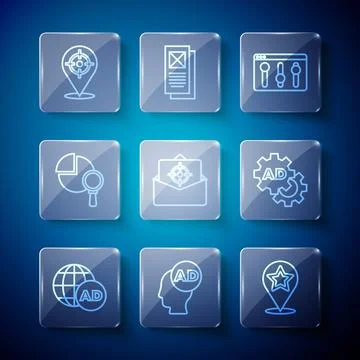 Set line Advertising, Map pointer with star, Browser setting, Mail and e-mail Illustrazione stock