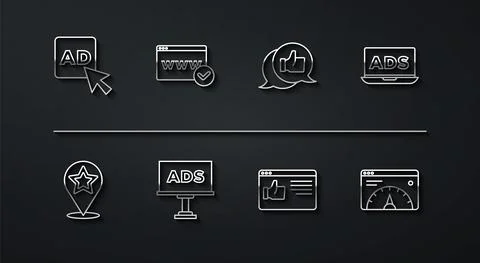 Set line Advertising, Map pointer with star, Browser window, Website template Stock Illustration